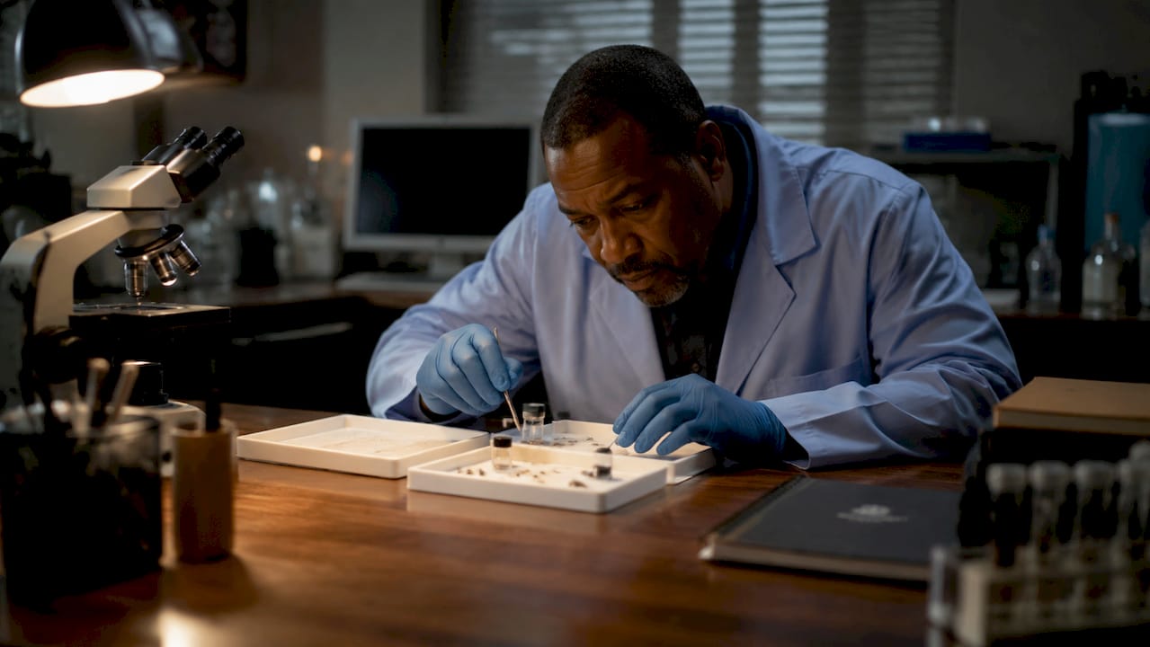 Forensic scientist analyzing evidence samples