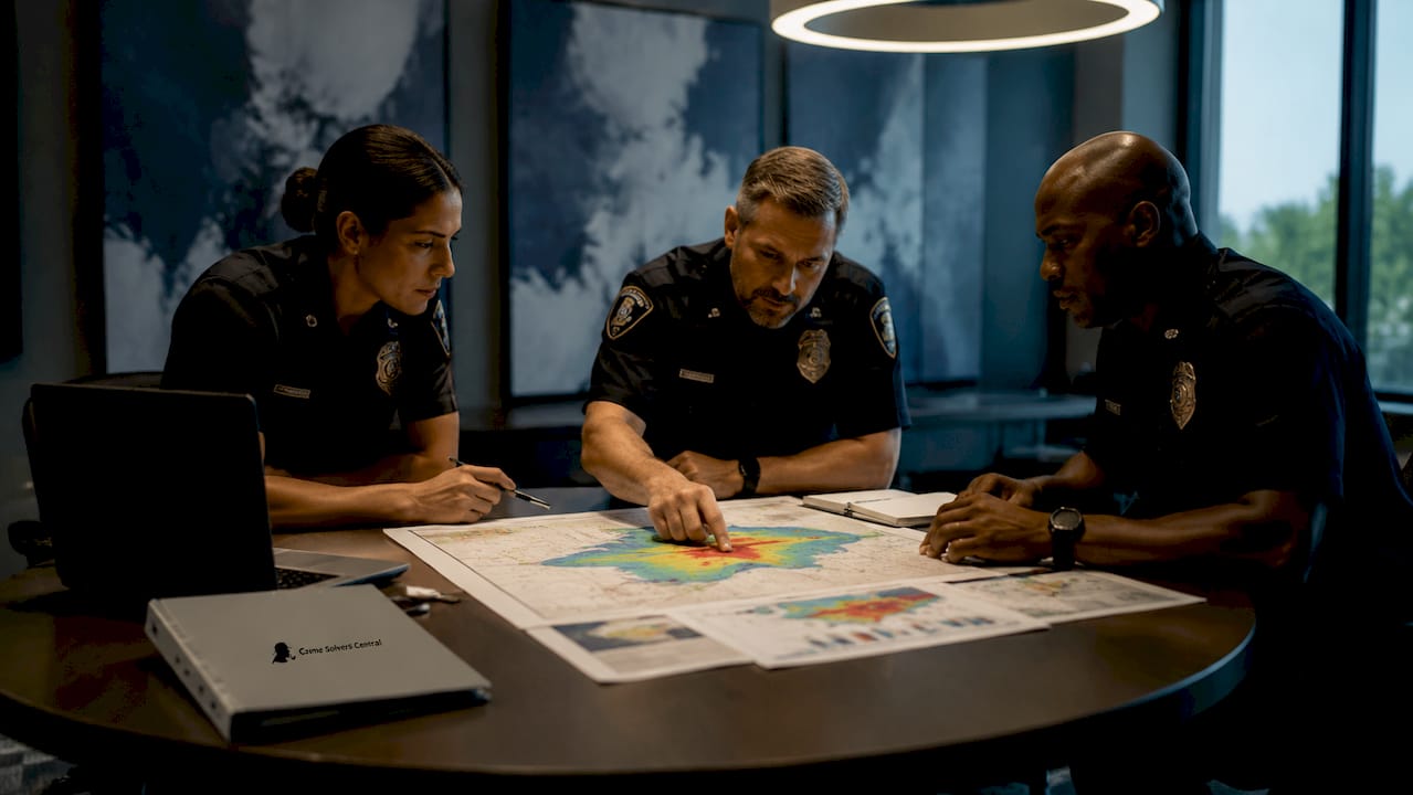Law enforcement team discussing crime map in meeting
