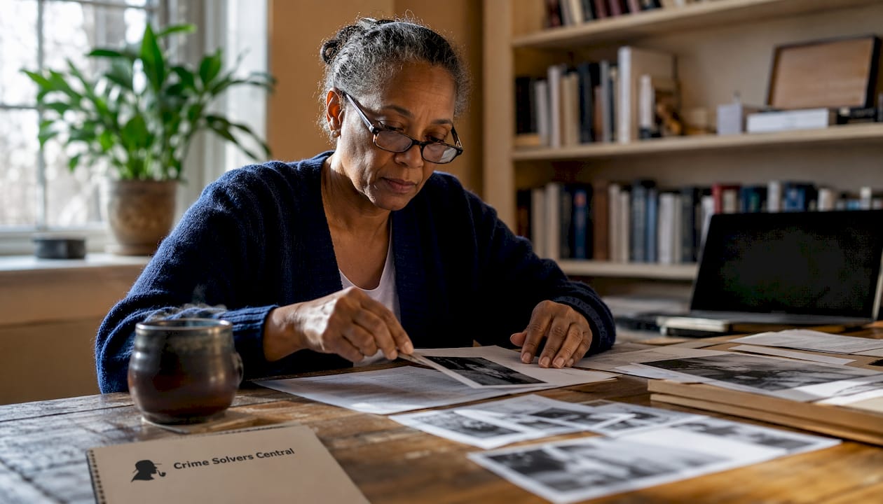 Woman reviewing cold case investigation files at table