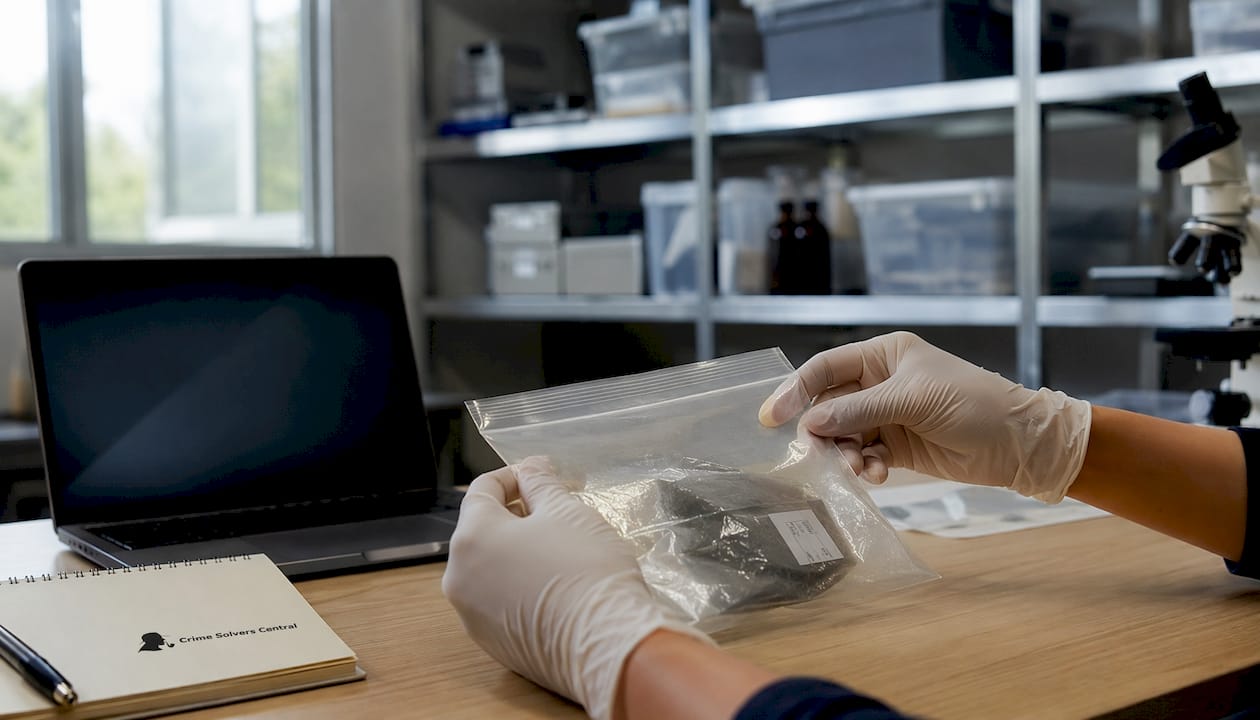 Hands handling evidence bag in forensic lab