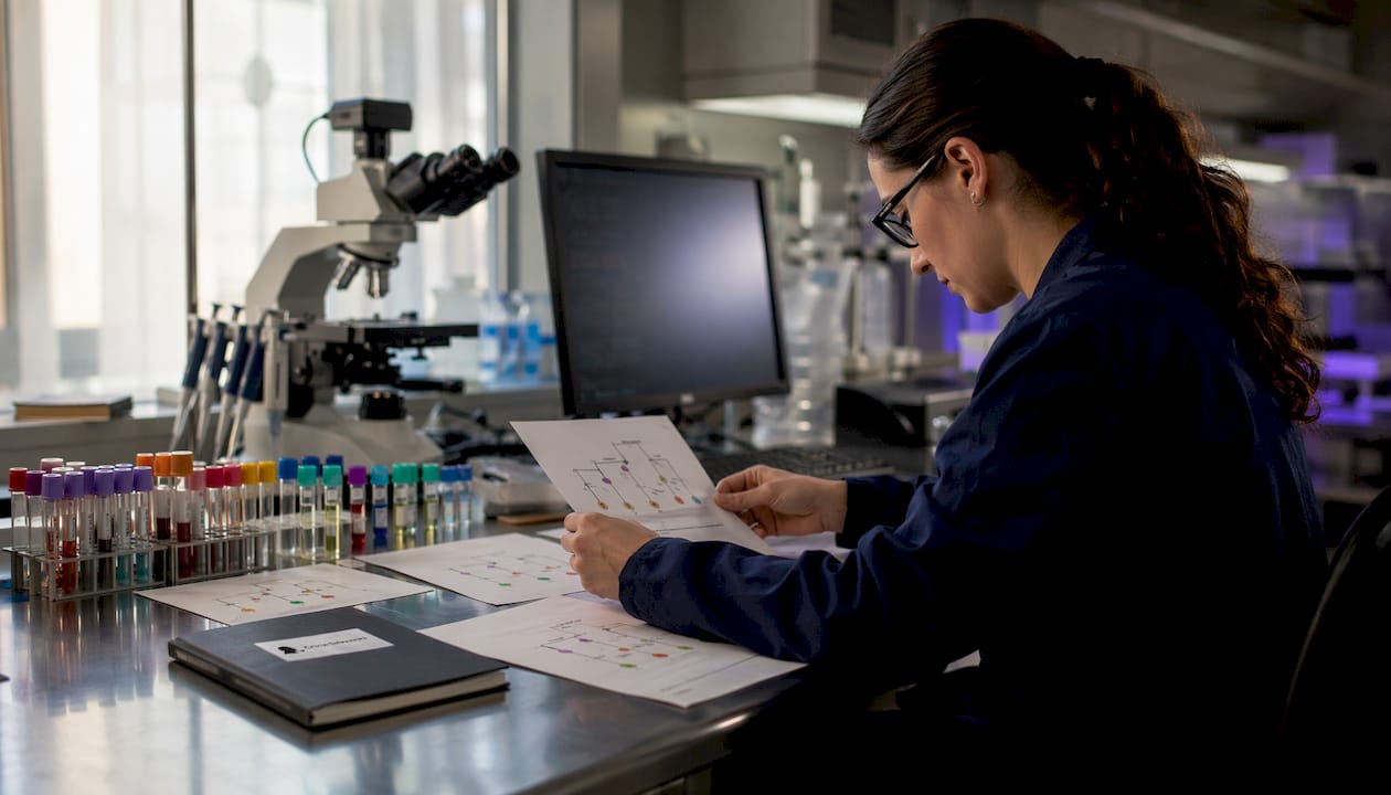 Overhead view of forensic genealogy lab workspace