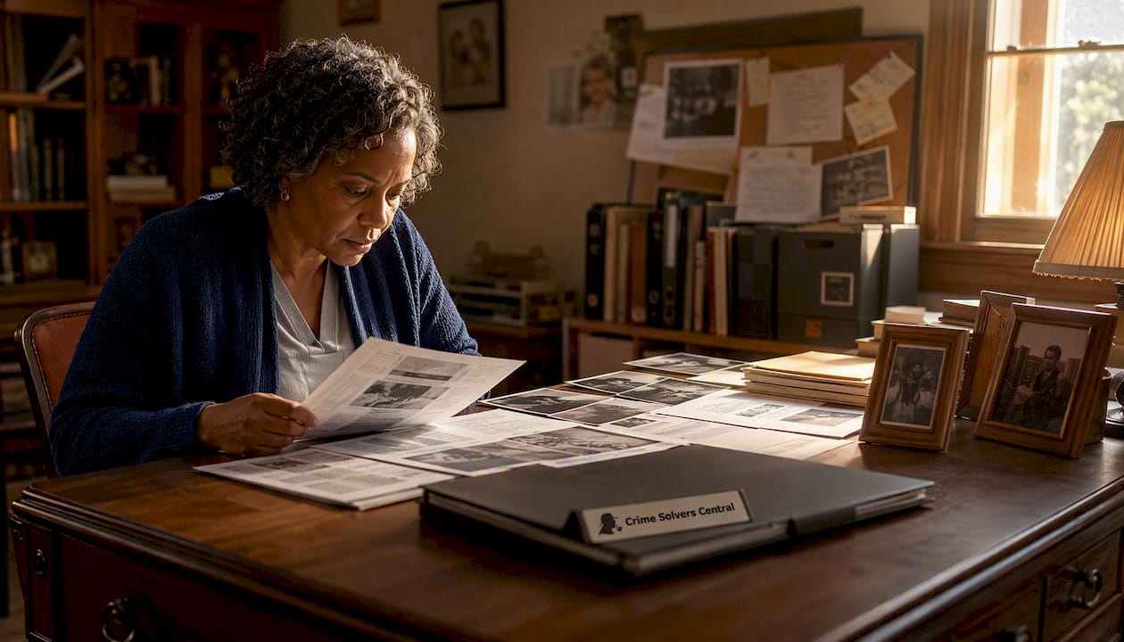 Woman using cold-case research database on laptop