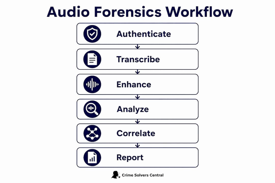 Infographic illustrating audio forensics workflow steps