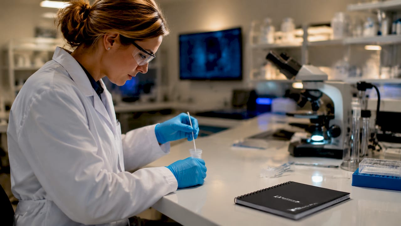 Forensic scientist handling evidence swab