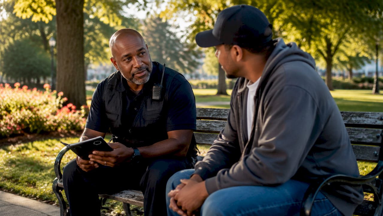 Community officer talking with resident outdoors