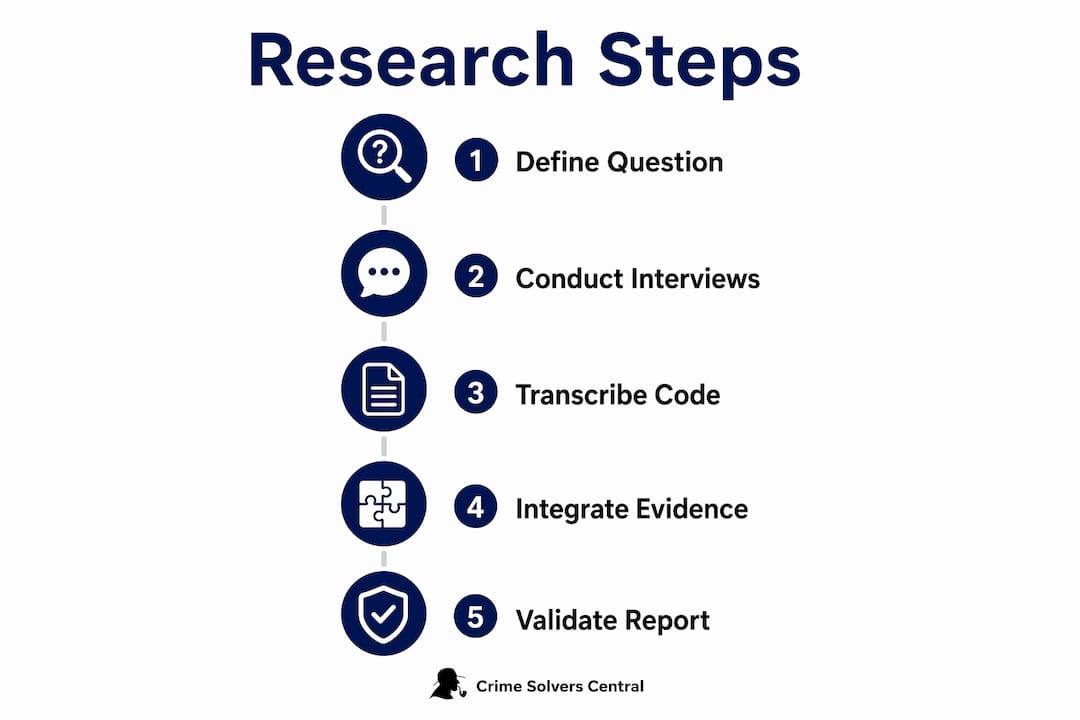Infographic showing five steps of qualitative cold case research
