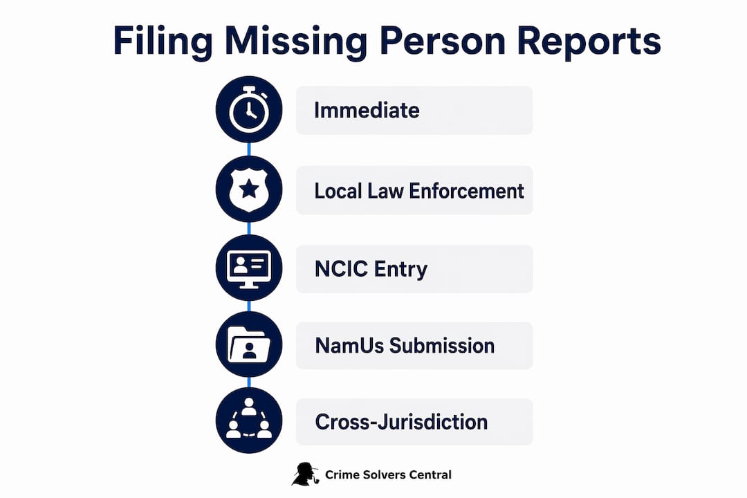 Infographic showing steps to file missing person reports