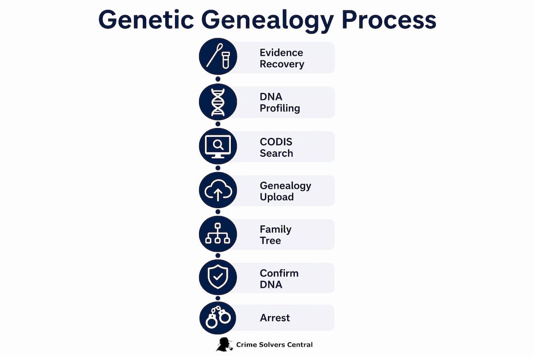 Infographic showing genetic genealogy steps solving cold cases