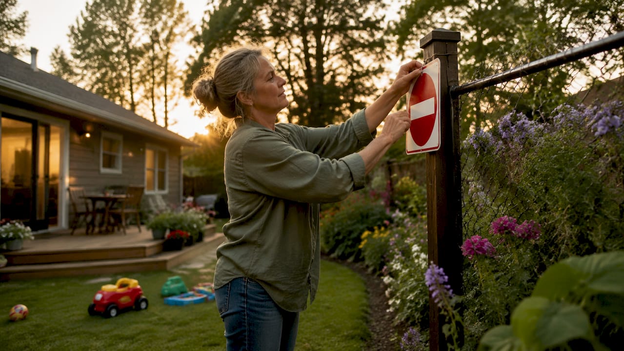 Woman securing home entrance with do not enter sign