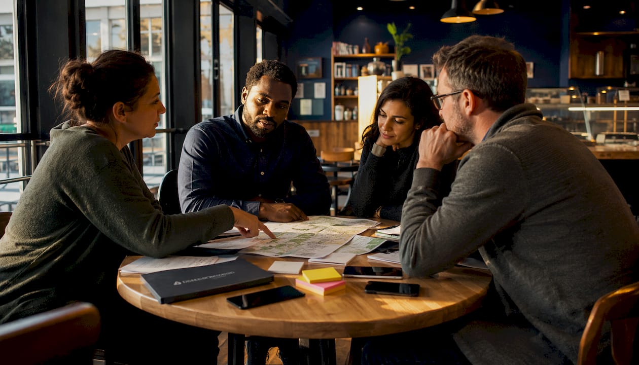 Group collaborating on crime-solving community case