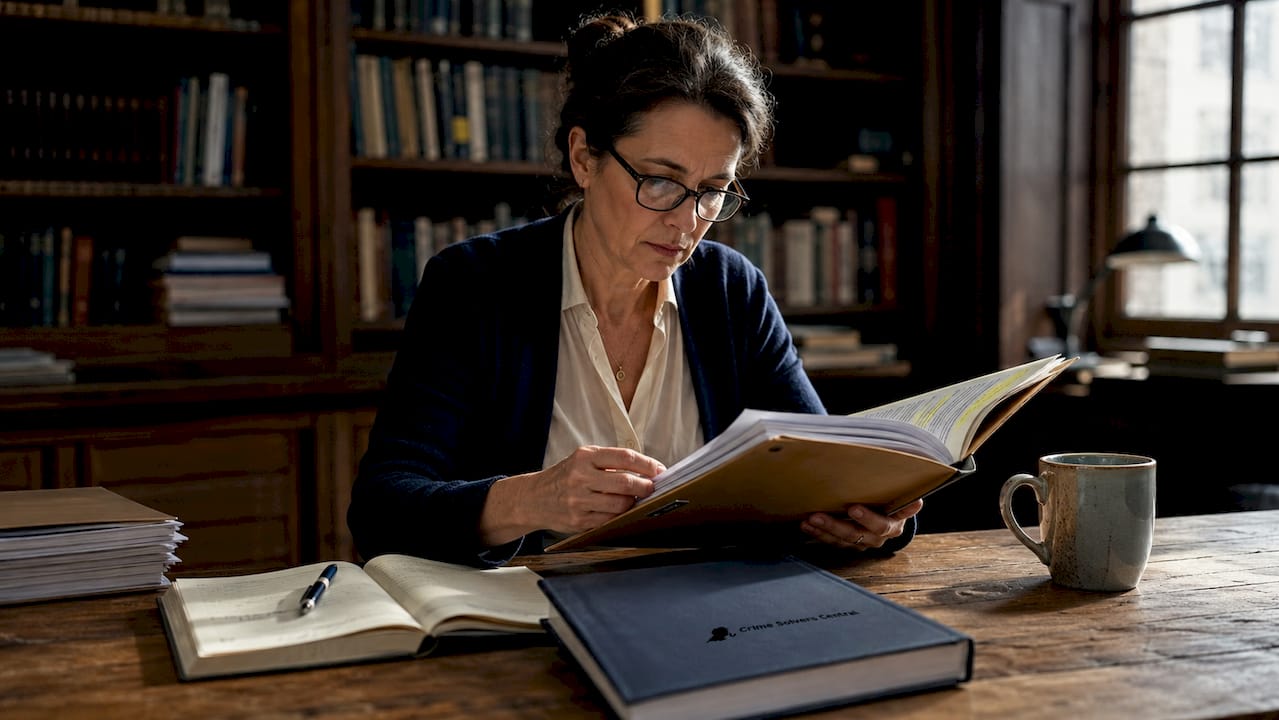 Forensic psychologist reviewing mass murderer case files