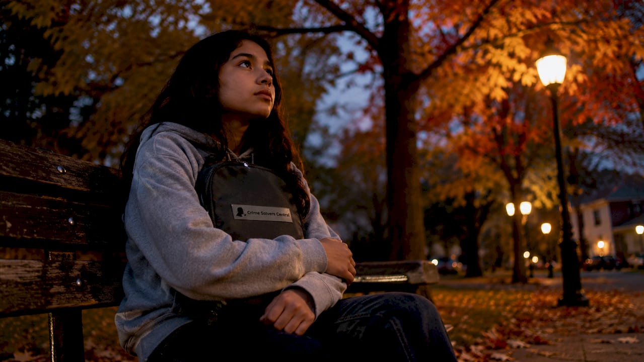 Teenage girl sitting alone on park steps
