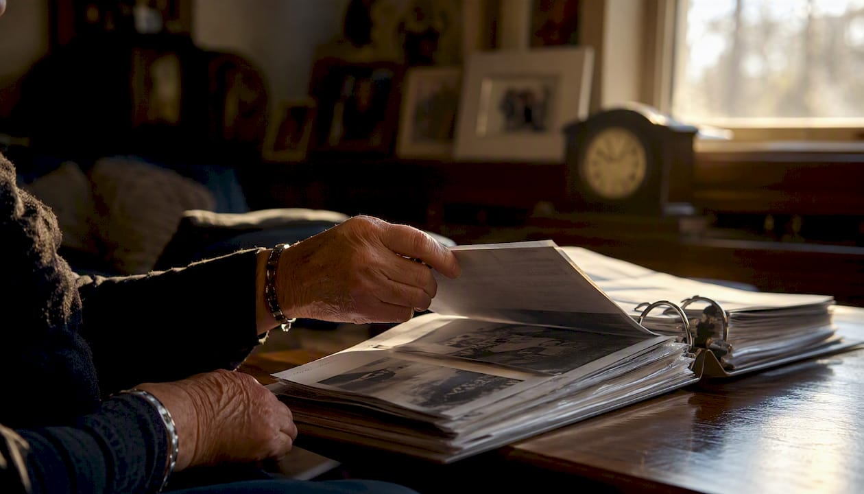 Hands reviewing detailed case log in binder