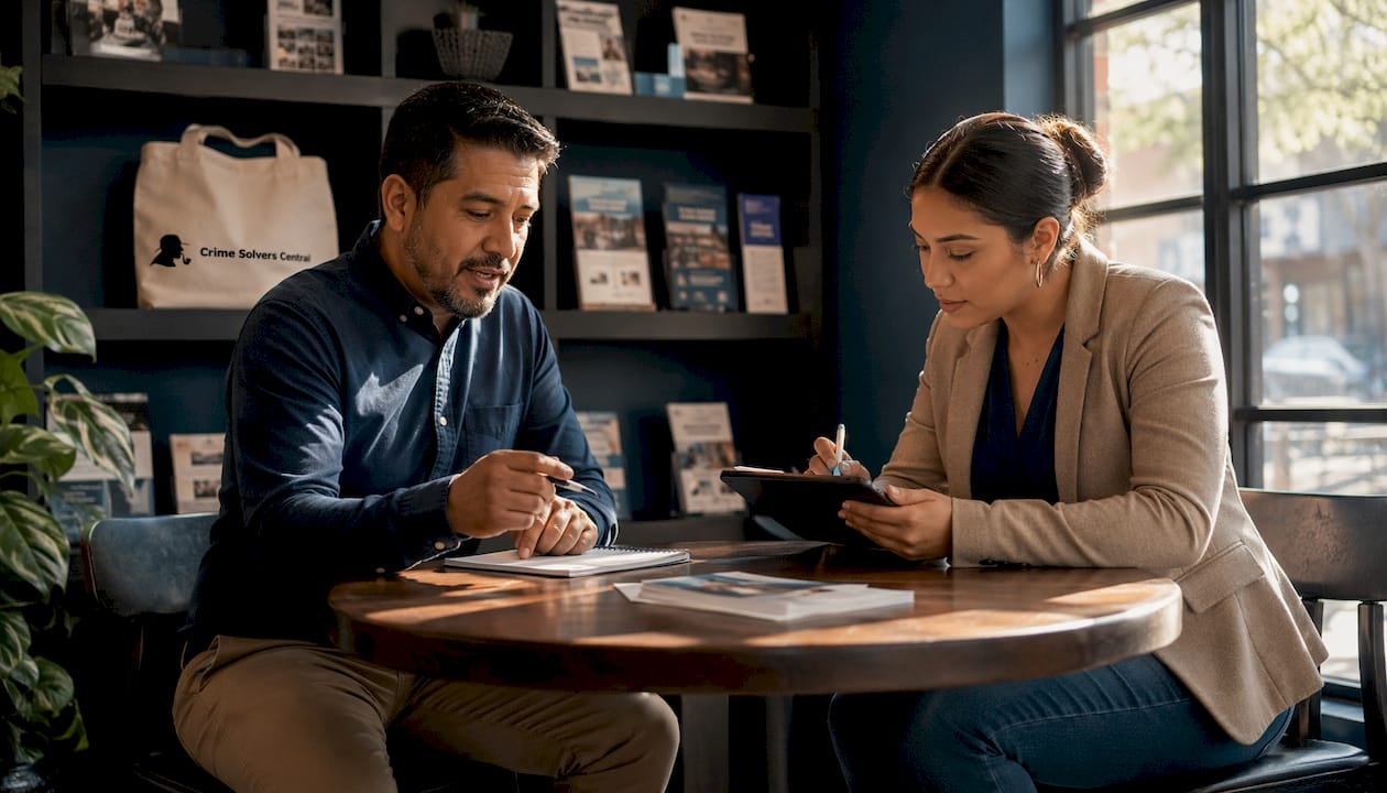 Two people discussing community crime tips