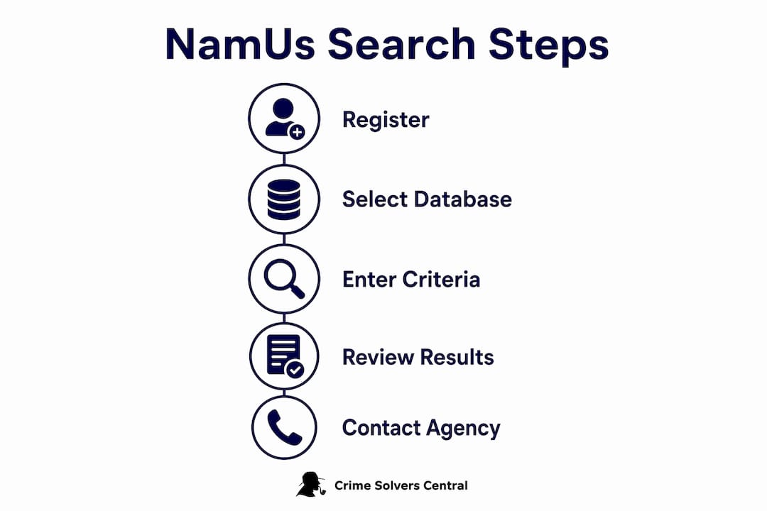 Infographic showing NamUs search step-by-step process