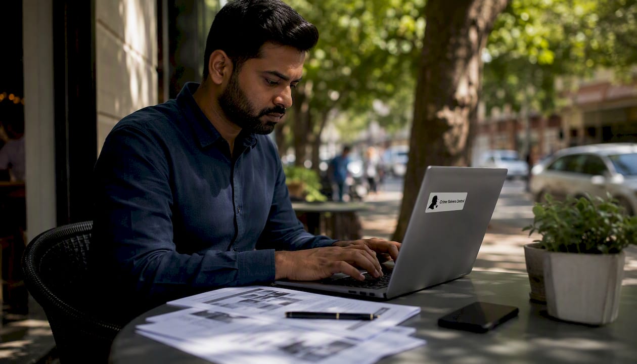 Hands typing at crime-solving digital workspace