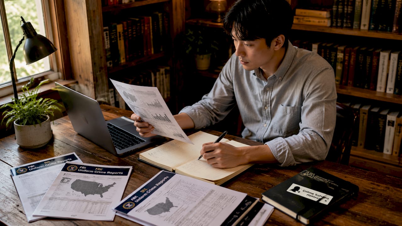 Researcher studying FBI crime reports in library
