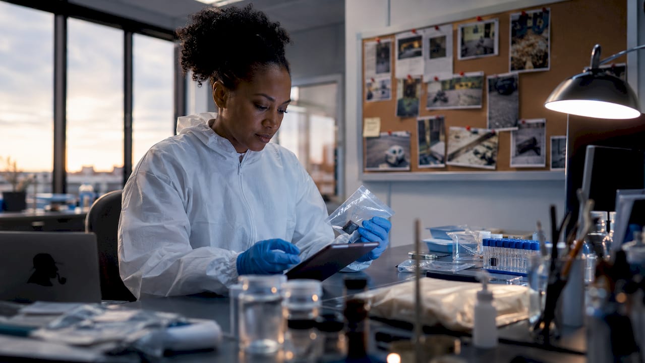 Investigator collecting evidence at forensic lab station