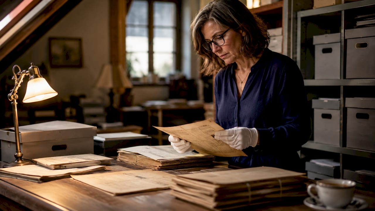 Archivist examining fragile cold case files in archive room