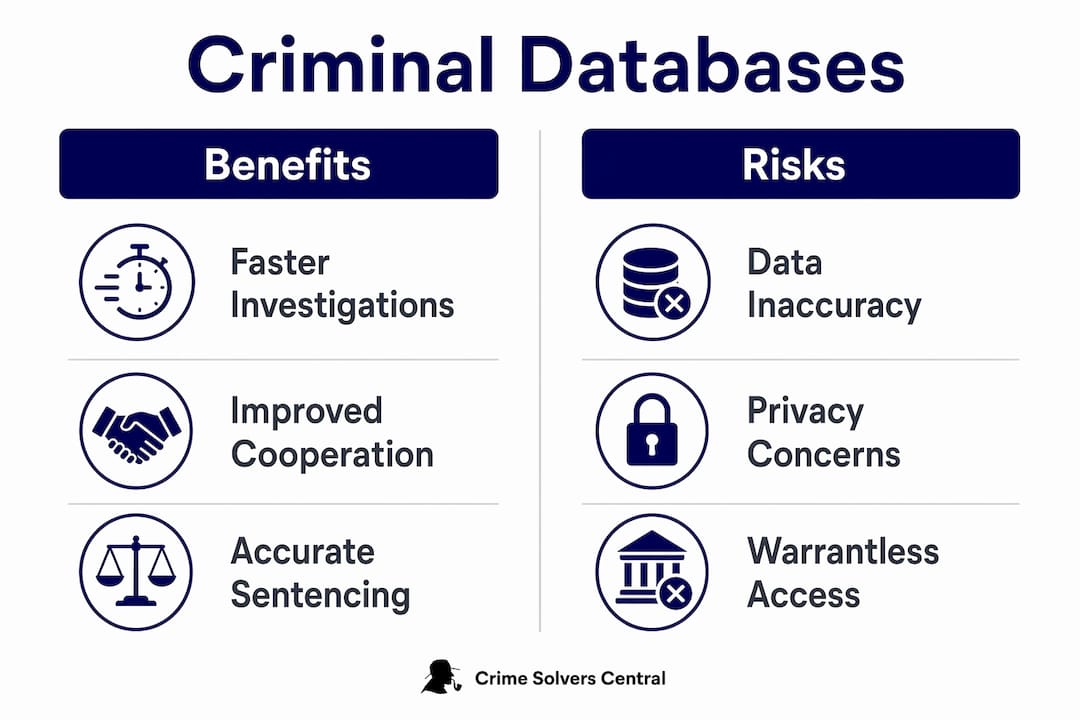 Infographic contrasting criminal database benefits and risks