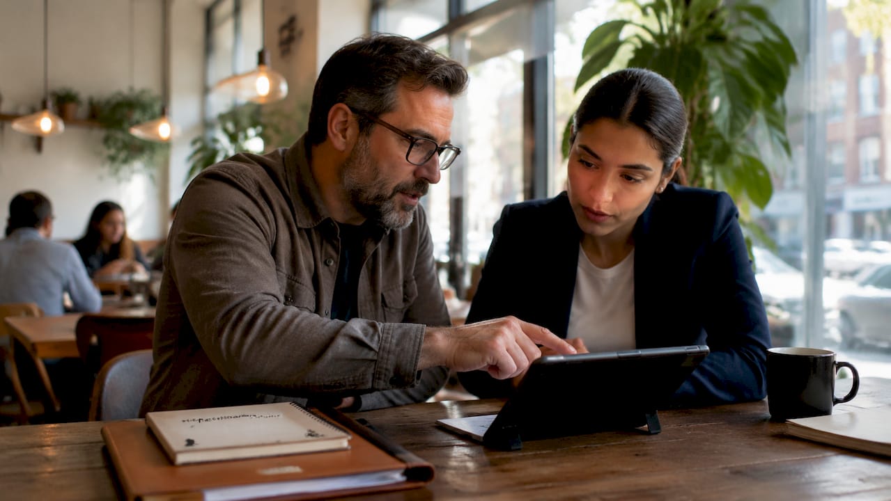 Two genealogists discussing forensic data in conference room