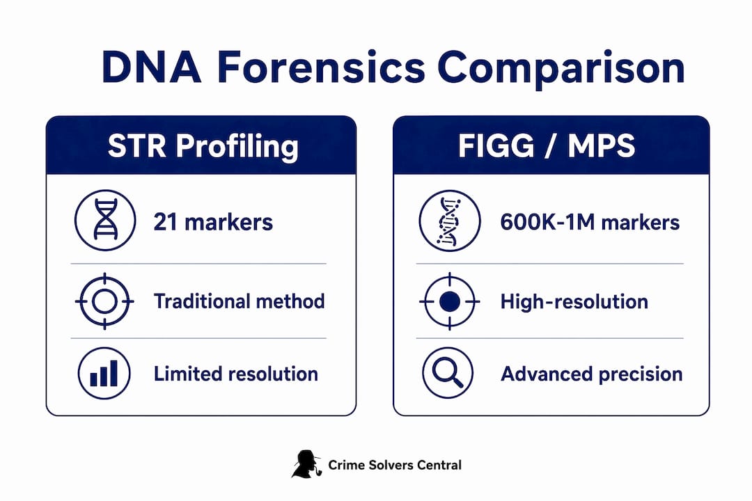 Infographic comparing STR and FIGG/MPS DNA profiling methods