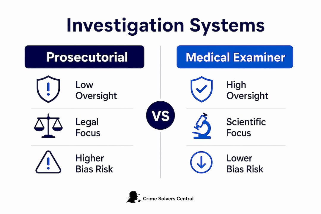 Infographic comparing prosecutorial and medical examiner systems in forensic investigations