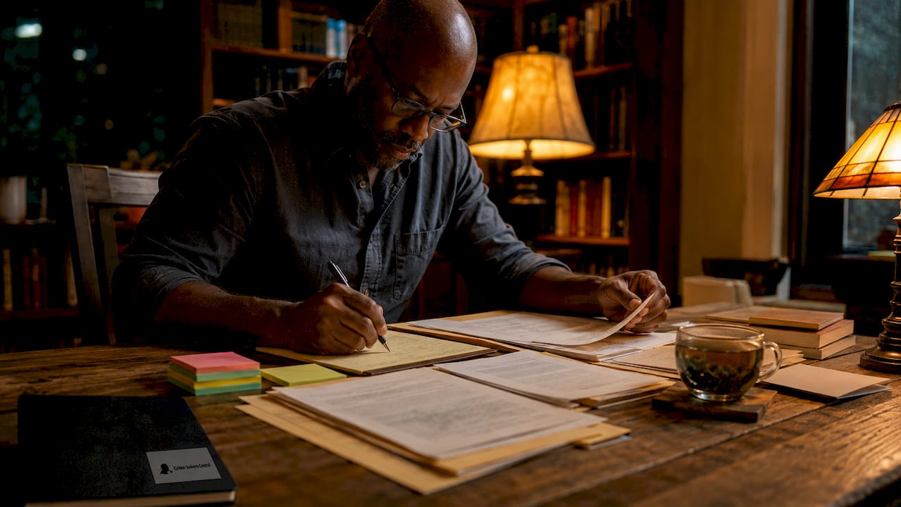 Investigator reviewing physical public records at desk