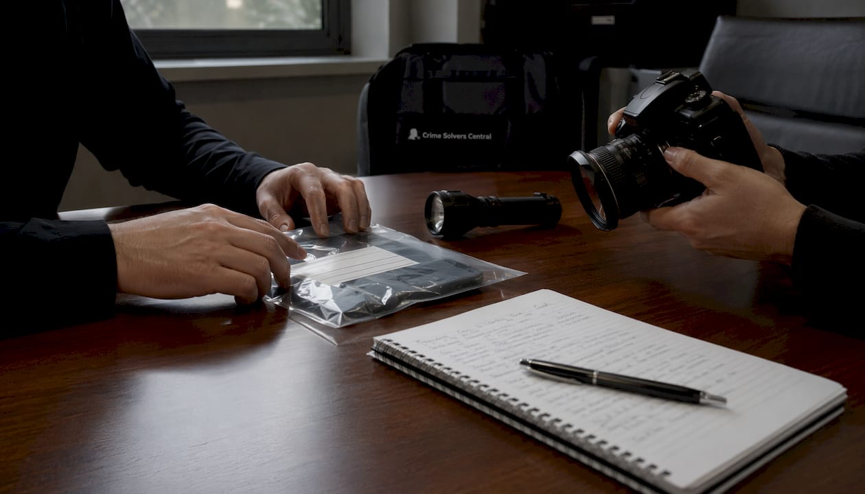 Hands documenting evidence at investigation table