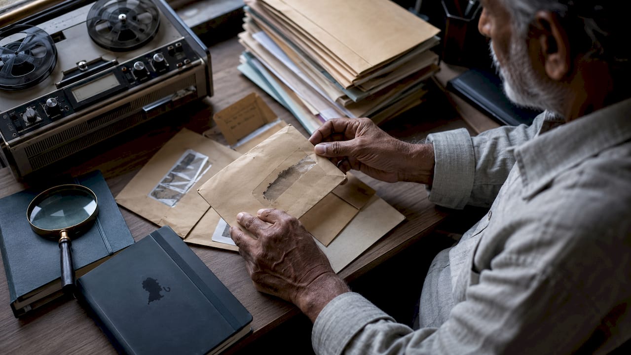 Hands sorting evidence envelopes in forensic office
