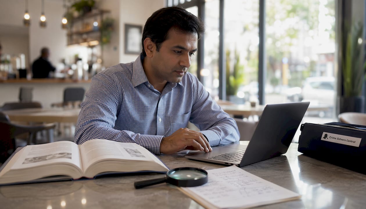 Man researching cold case genealogy at home desk