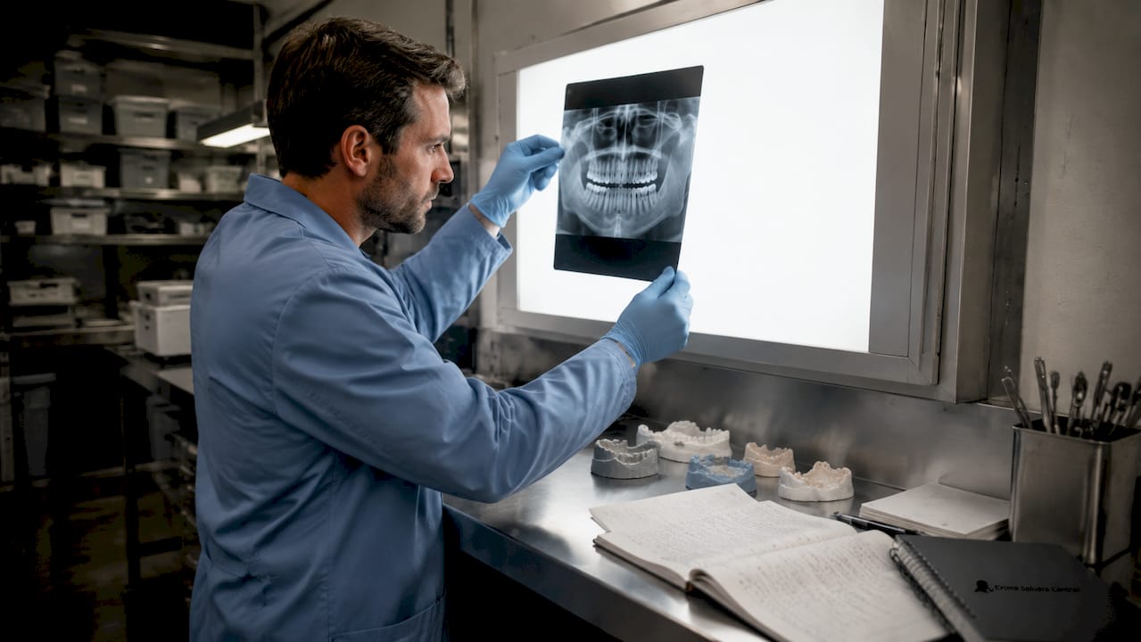 Hands holding dental x-ray in forensic lab