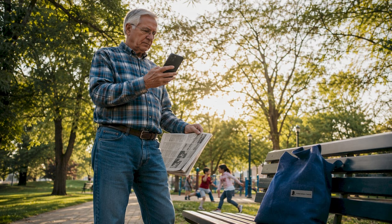 Elderly man checking missing person bulletin on smartphone outdoors