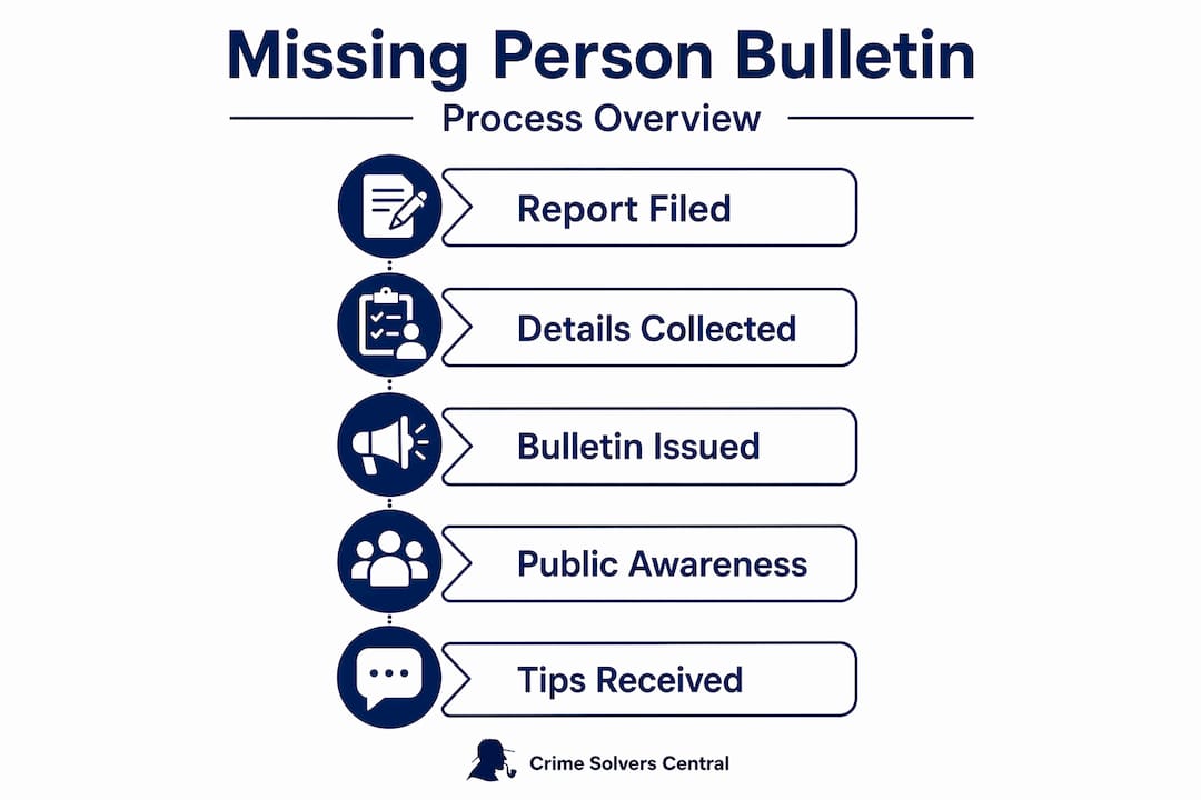 Infographic outlining missing person bulletin process steps