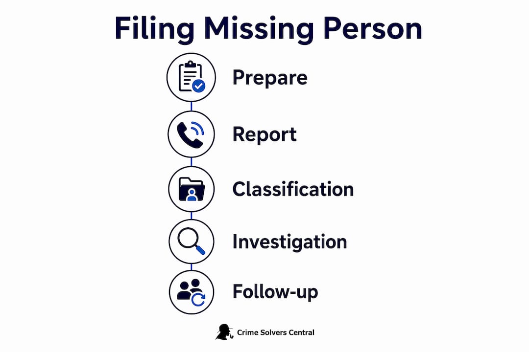 Infographic showing missing persons report filing steps