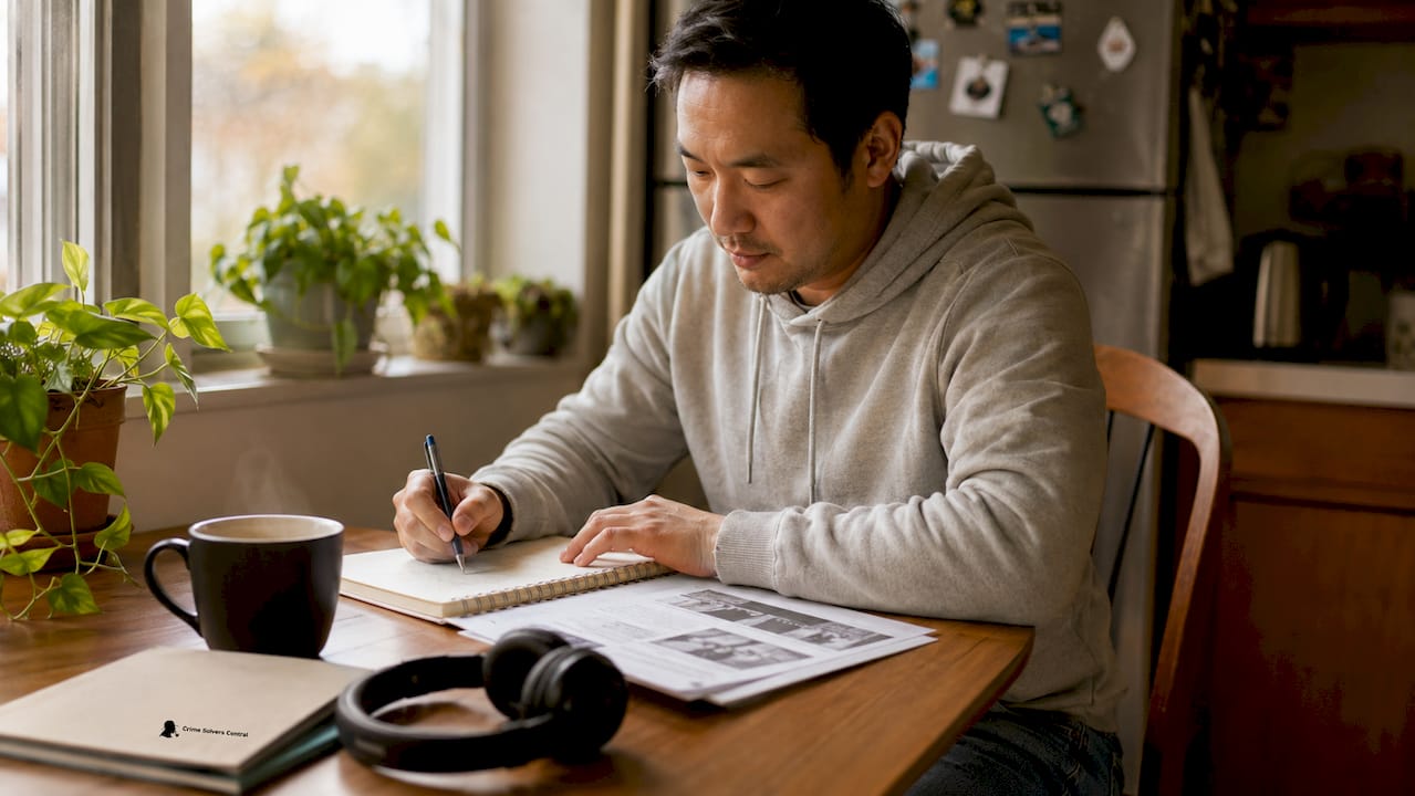 Citizen detective taking notes in home workspace