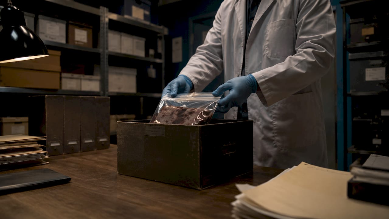 Hands placing evidence into secure archive box
