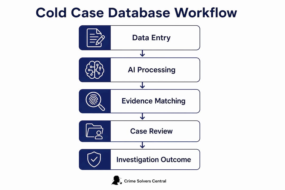Infographic showing cold case database workflow steps