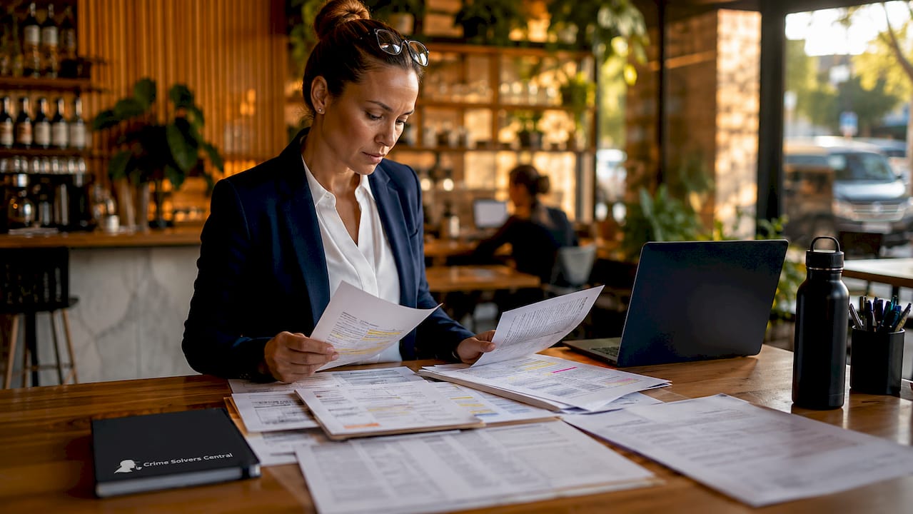 Crime data analyst reviewing printed reports at desk