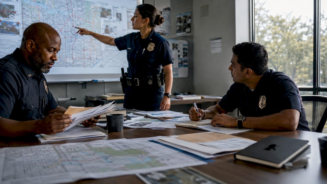 Law enforcement team analyzing crime map on touchscreen