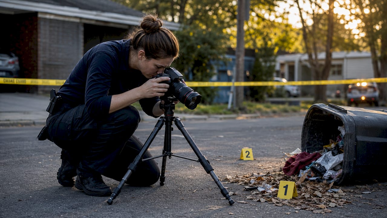 Gloved hands photographing crime scene evidence