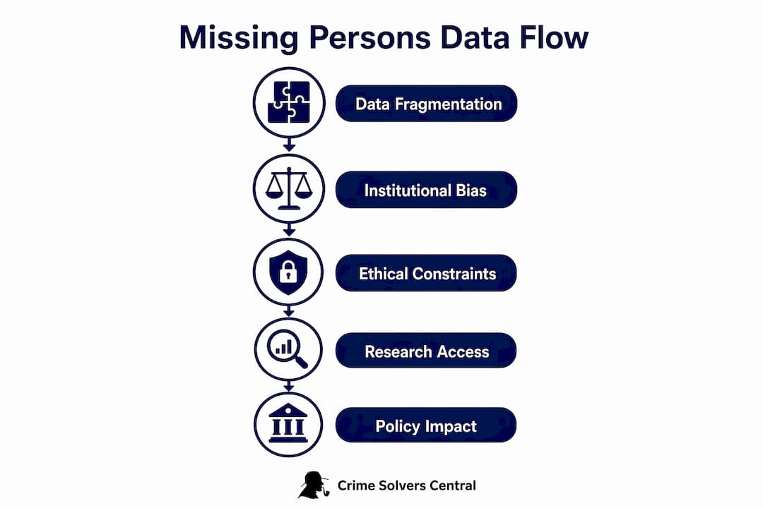 Infographic showing steps in missing persons data research challenges and benefits