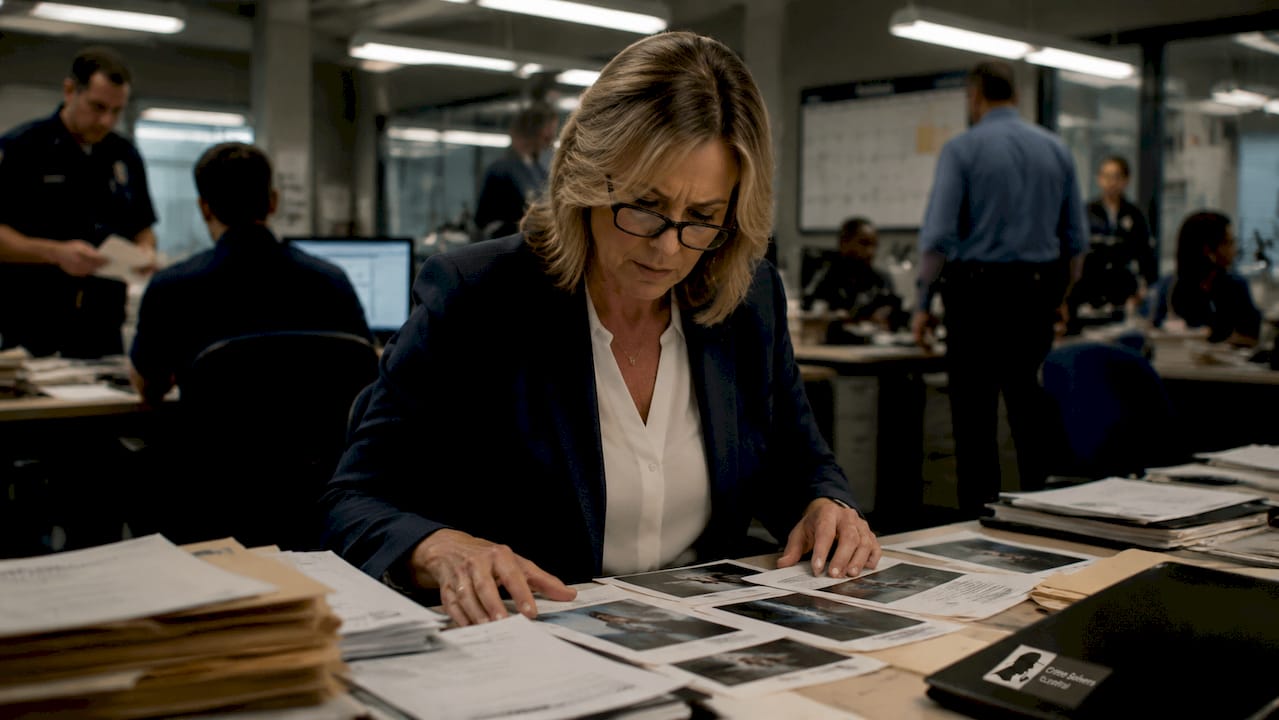 Detective reviewing missing persons case evidence