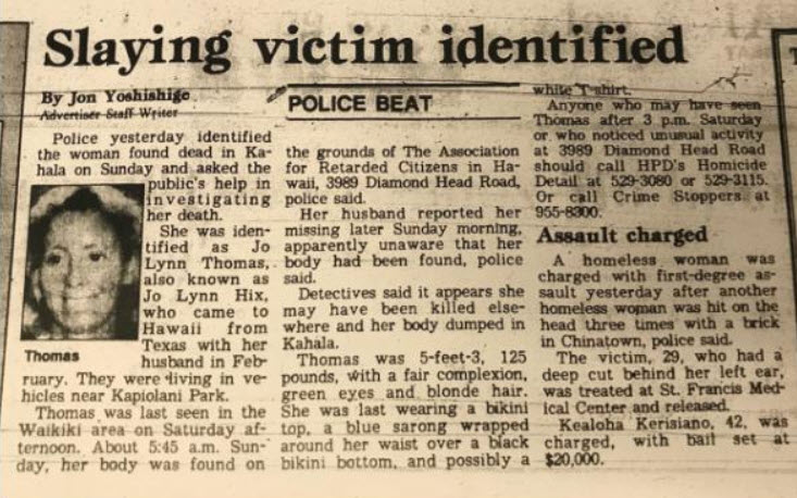 Jo Lynn Thomas death by force case in Honolulu, HI