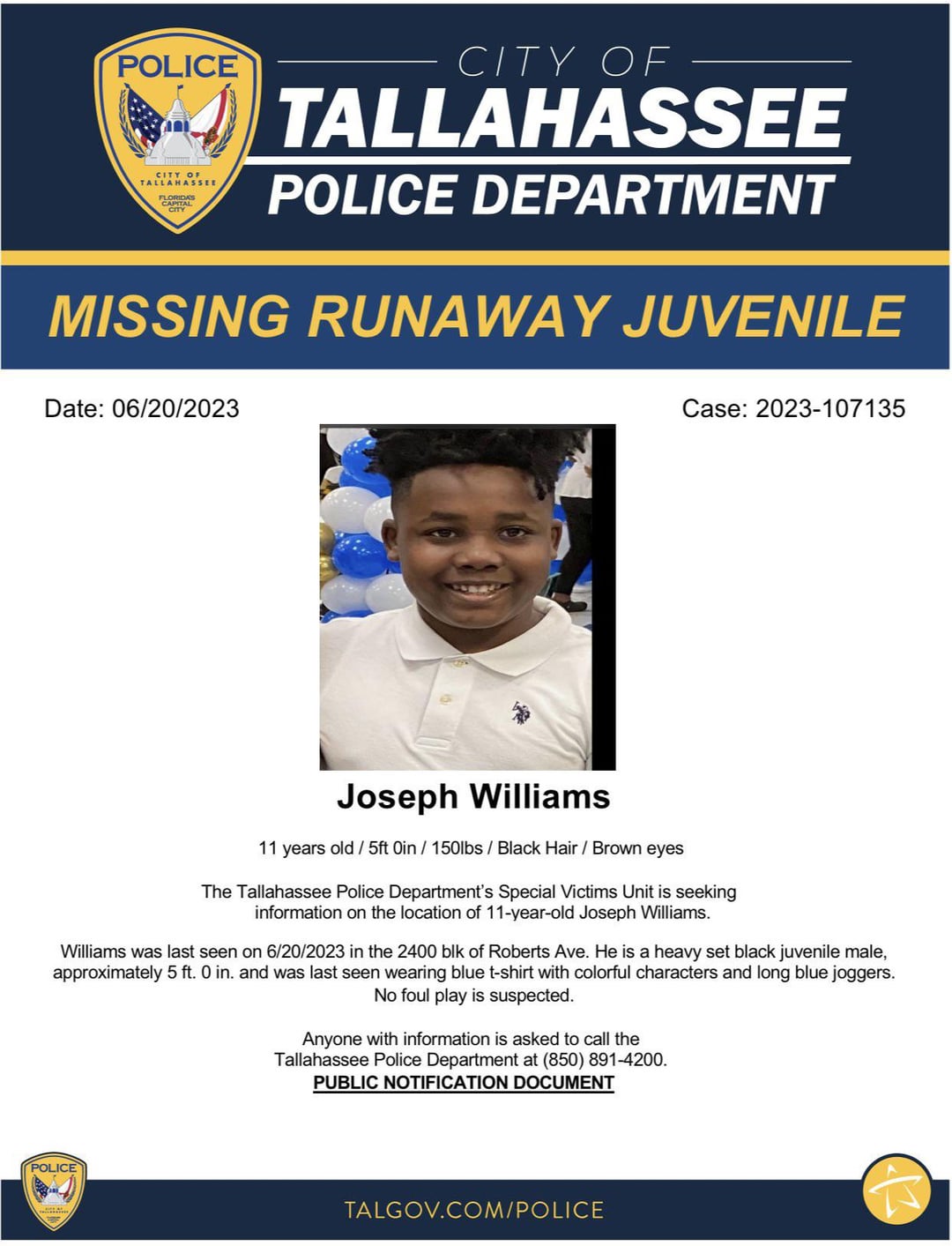 Joseph Williams missing person case in Tallahassee, Florida