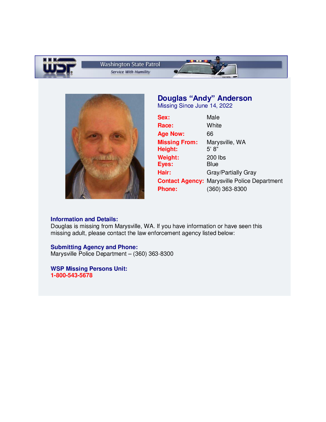 Douglas Anderson missing person case in Marysville, Washington